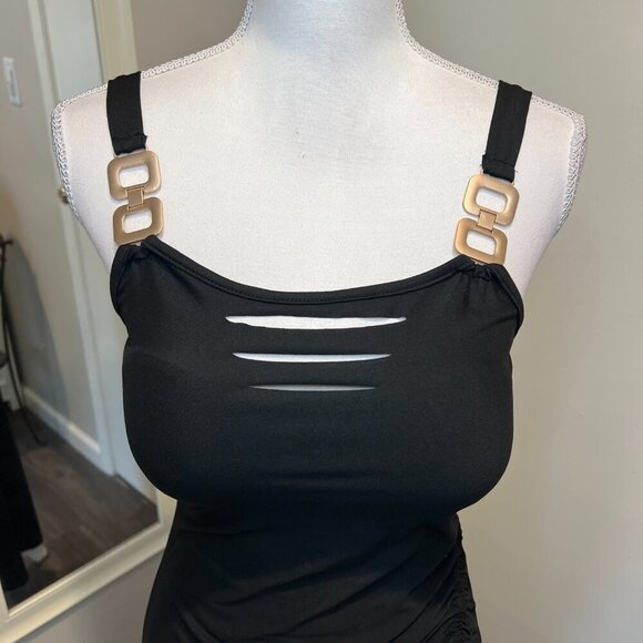 Chic Me Black Ladder cutout Slit Gold Buckle Ruched bodycon Dress, Size Medium - Picture 3 of 16